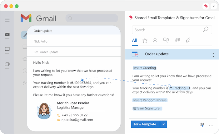 A template with a WTE placeholder and the resulting email after the dialog box data is inserted.