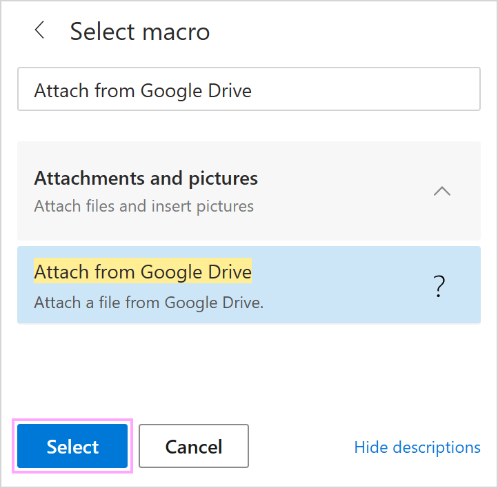 The Attach from Google Drive macro.