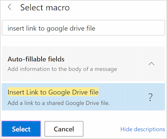 Select the Insert Link to Google Drive file macro from the list. Select the Insert Link to Google Drive file macro from the list.