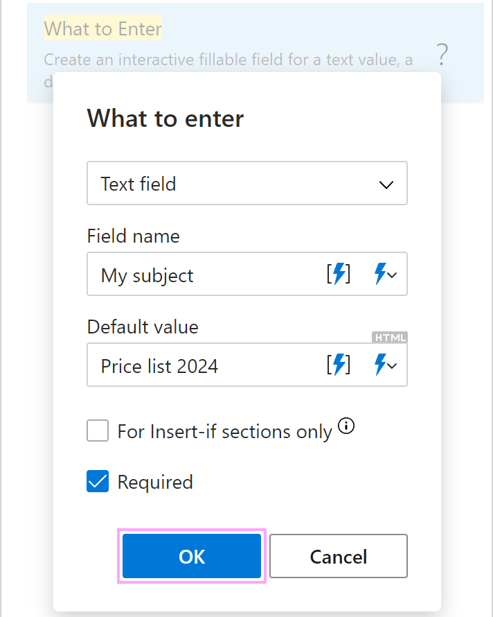 Create a fillable field with the WhatToEnter macro.