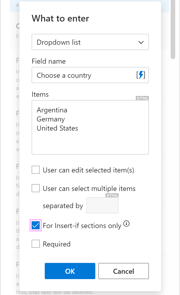 The For Insert-if sections only checkbox