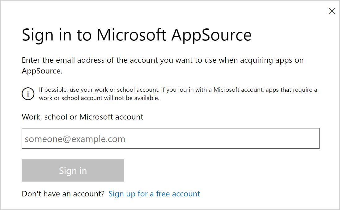 The Sign in to Microsoft AppSource dialog