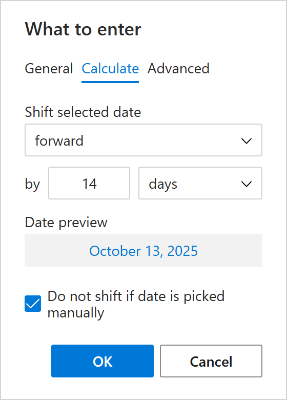 The Calculate tab for Date in the What to enter dialog
