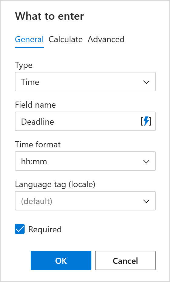 The General tab for Time in the What to enter dialog