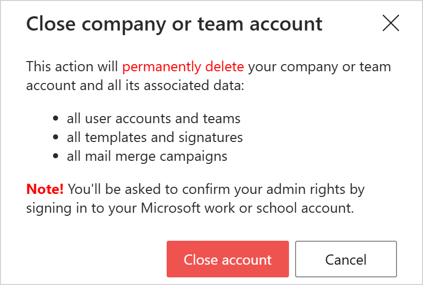 The warning dialog: Closing the account deletes all data. Sign-in with Microsoft required.
