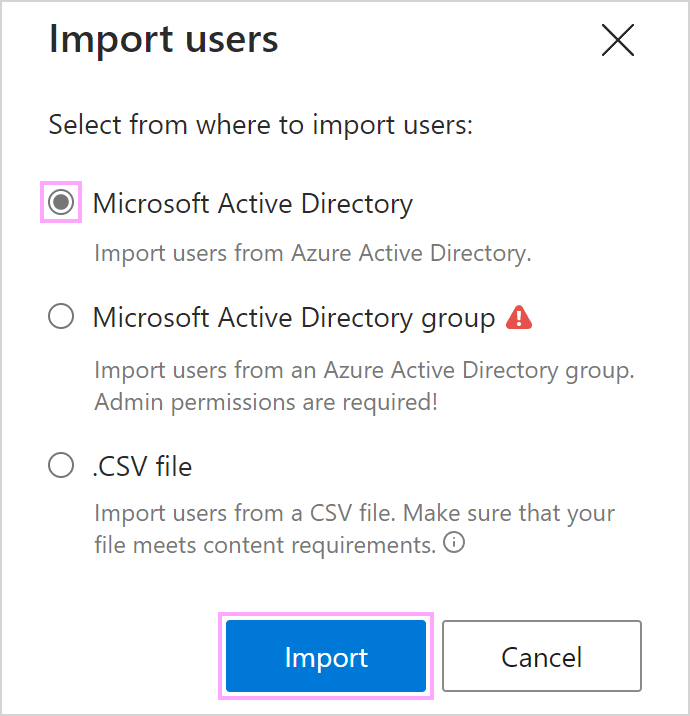 Import users from Azure Active Directory.