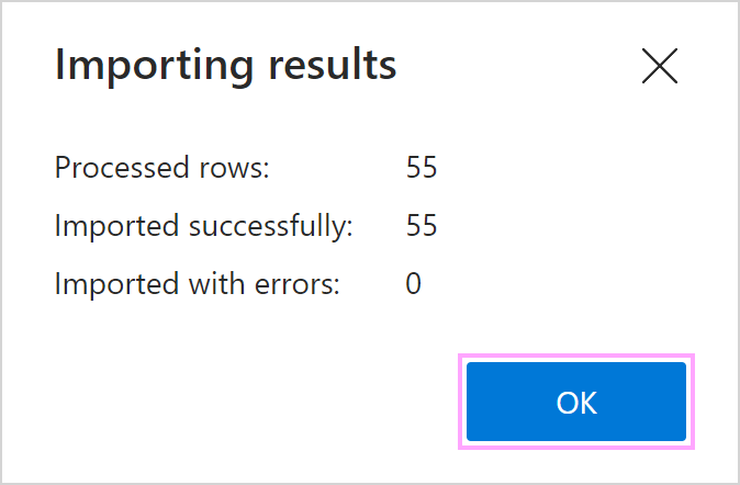 The Importing results dialog