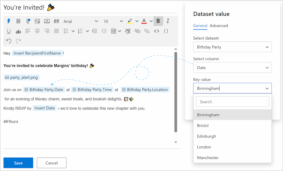 Macros are set up to auto-fill meeting details directly from the dataset.