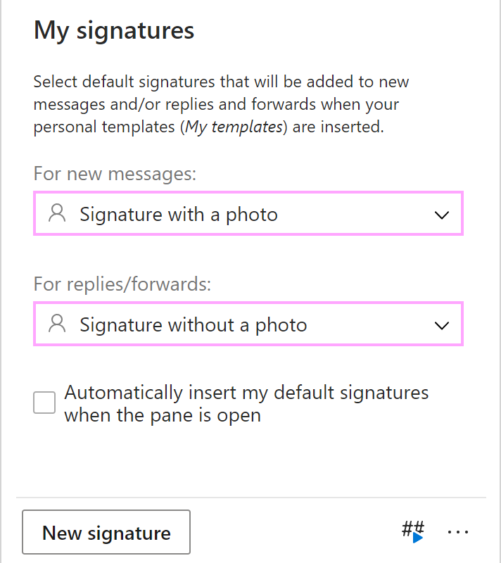 Selecting personal default signatures