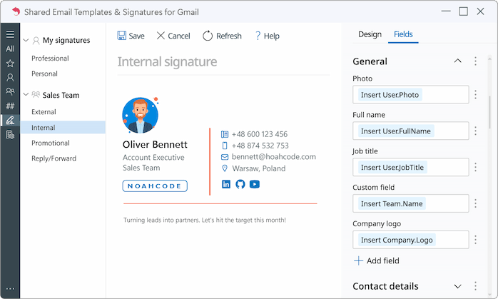 Preview of a professional team email signature within the Shared Email Templates app interface. Preview of a professional team email signature within the Shared Email Templates app interface.
