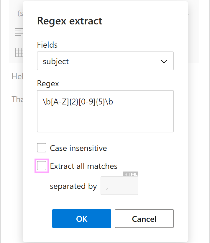 The Extract all matches checkbox in the Regex extract dialog