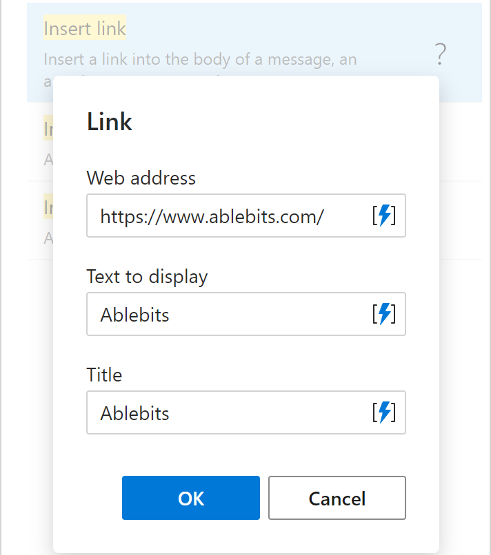 The Insert link dialog