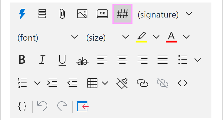 The Insert shortcut button on the template editor toolbar