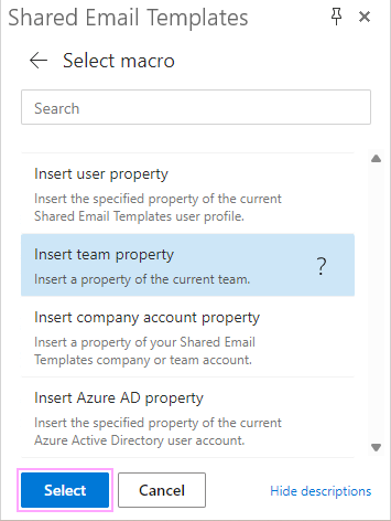 Choose the Insert team property macro.