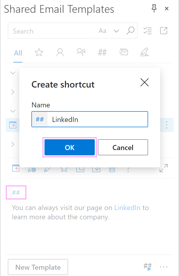 Creating a template shortcut