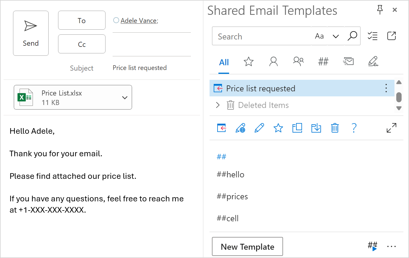 A template containing template shortcuts is inserted into an email message