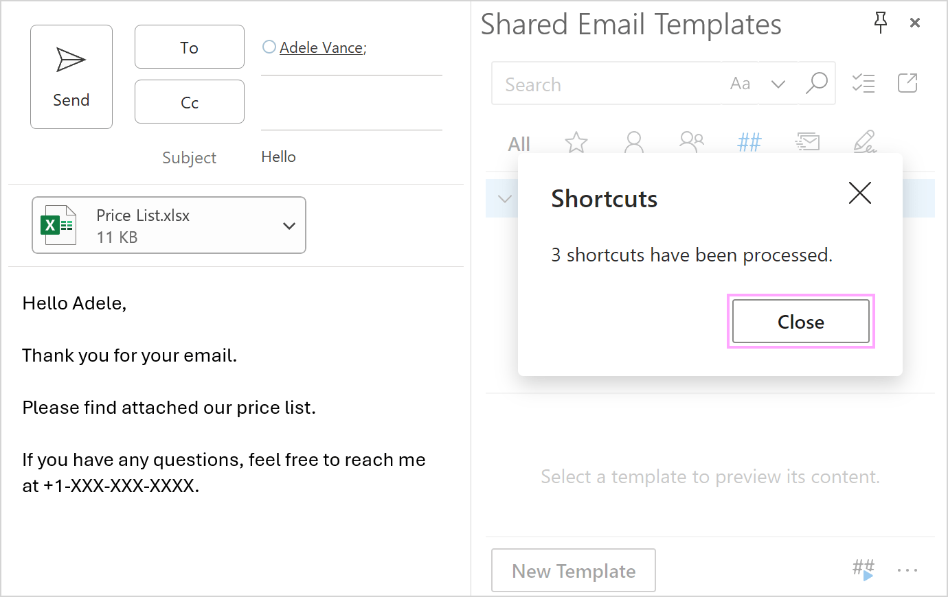 A notification saying that shortcuts have been processed