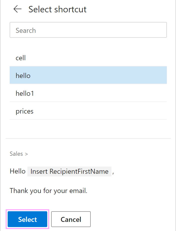 Template shortcuts in Shared Email Templates for Microsoft Outlook