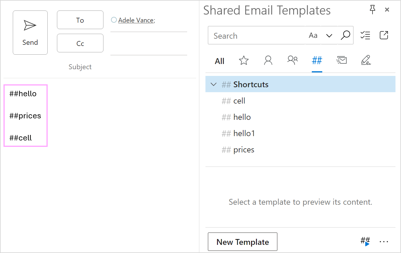Template shortcuts in the message body