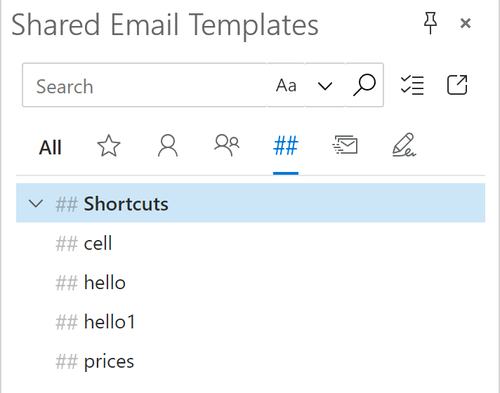 The Shortcuts tab on the add-in pane