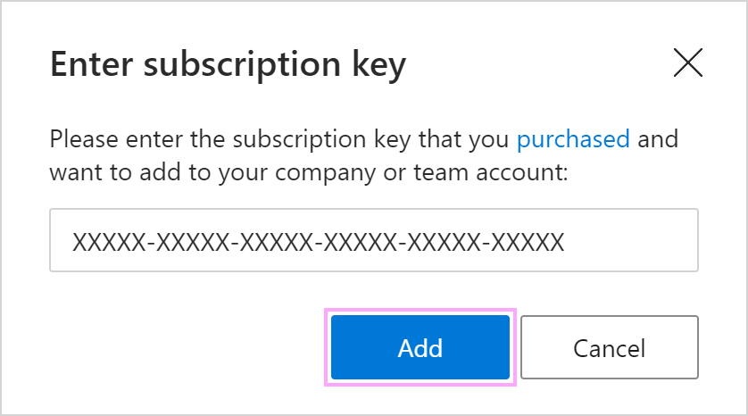 The Enter subscription key dialog