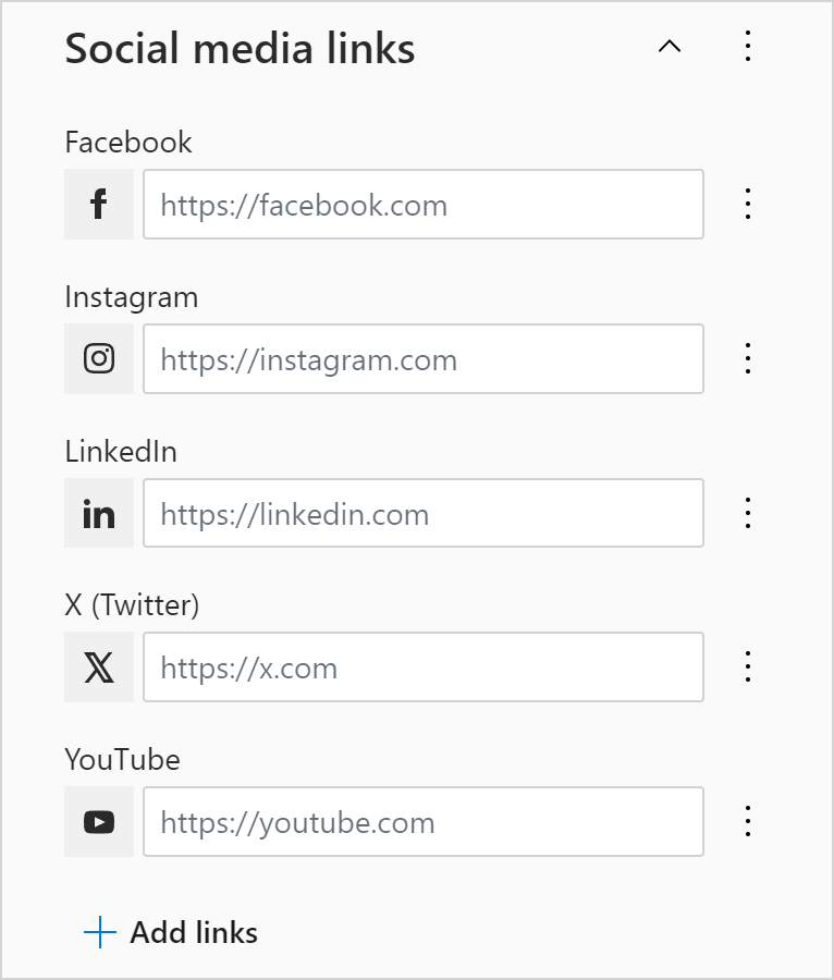 The Social media links section on the Fields tab