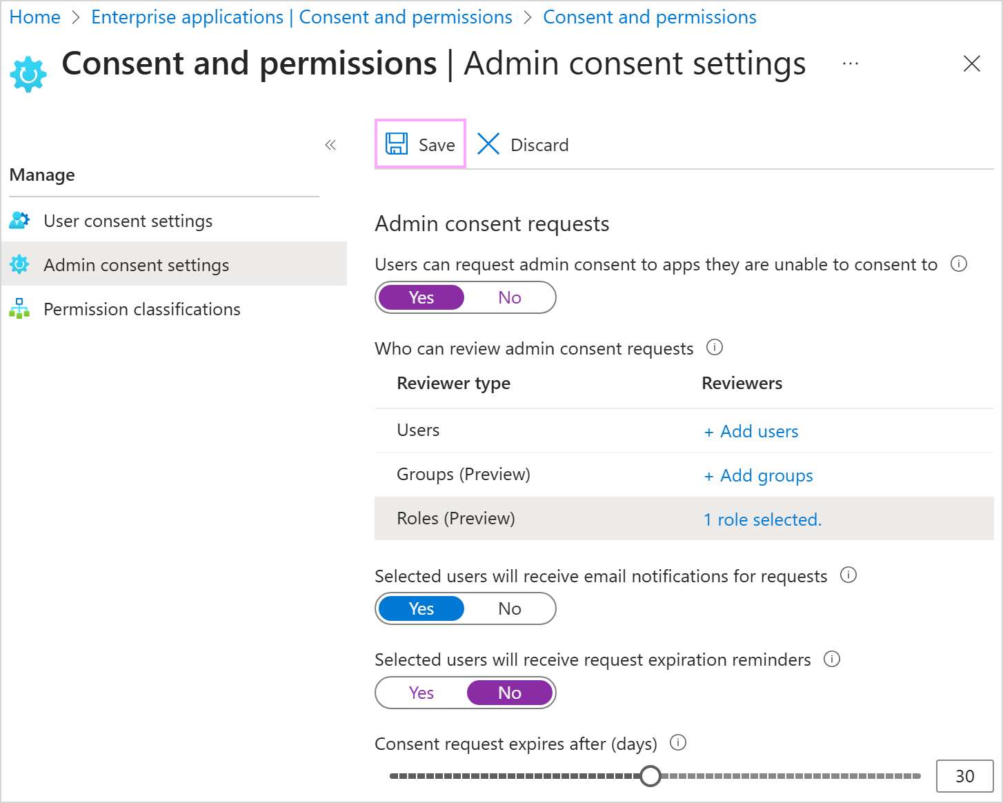 The Admin consent settings in the Microsoft Entra admin center