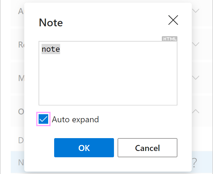 The Auto expand checkbox in the Note macro dialog