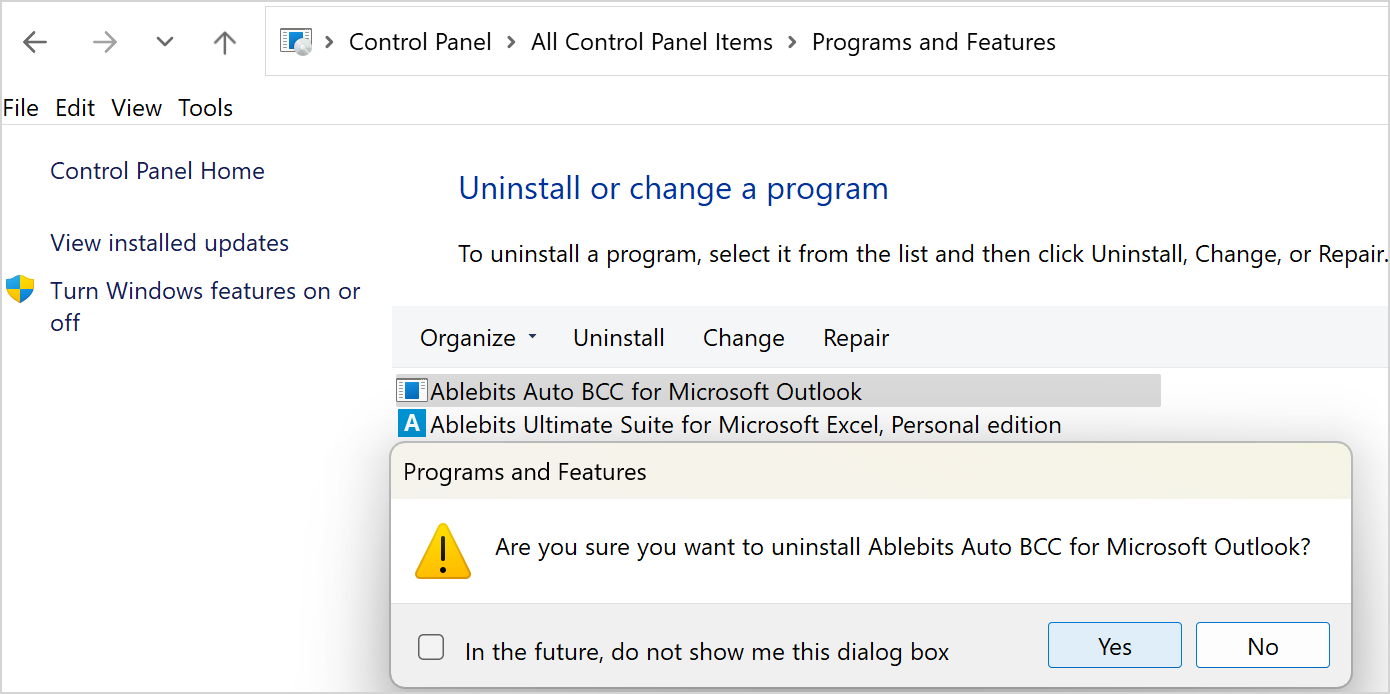 Uninstalling the Auto BCC add-in