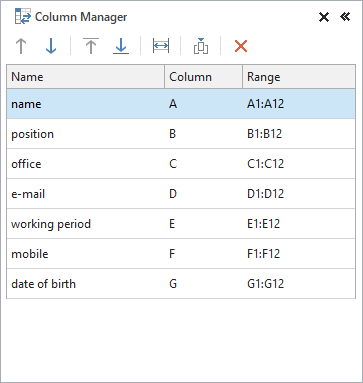 The Column Manager pane.