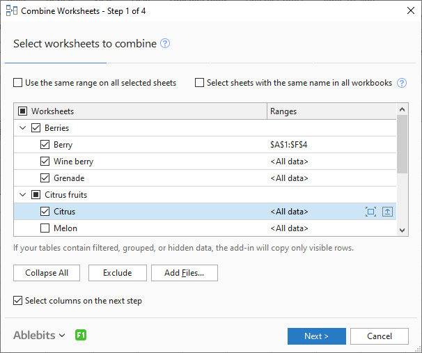 Choose worksheets and ranges to combine.