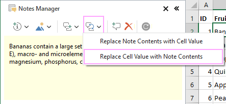 Replace cell value with note contents.