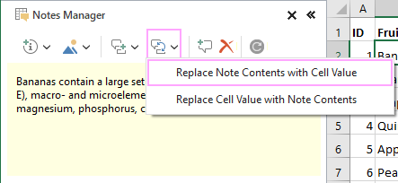 Replace note contents with cell text.