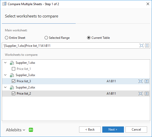 Choose the sheets to compare.