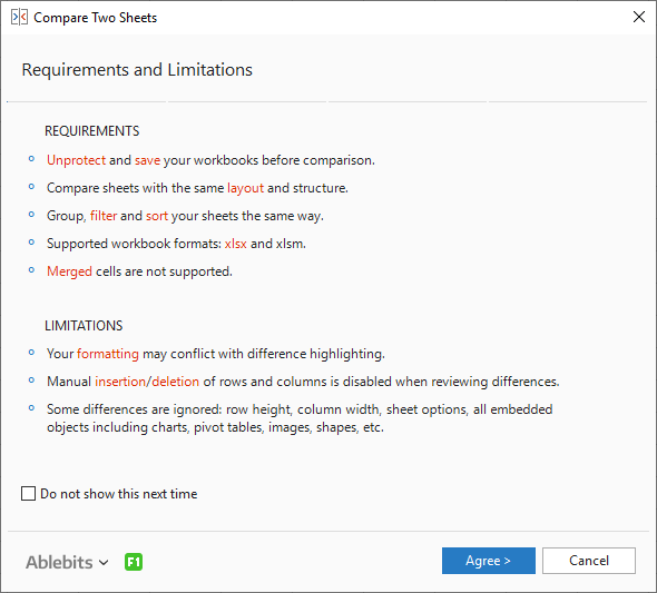 Compare Two Sheets: Requirements & Limitations.