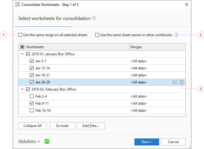 See the list of all open workbooks in the Consolidate Worksheets Wizard window.