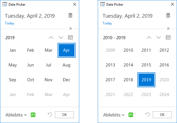 The Date Picker year and decade views.