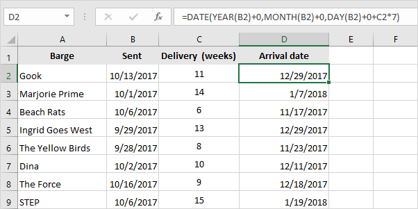Add weeks to date in Excel.