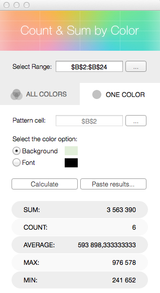 See Sum, Count, Average, Min and Max calculated for the cells of the specified color.