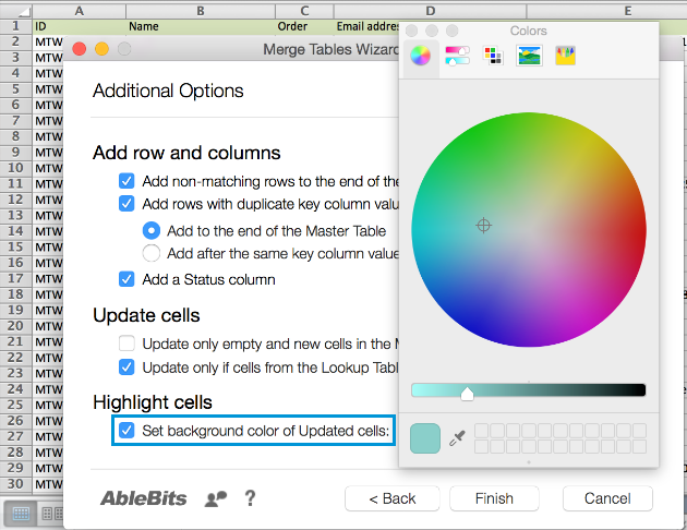 Set background color of updated cells.