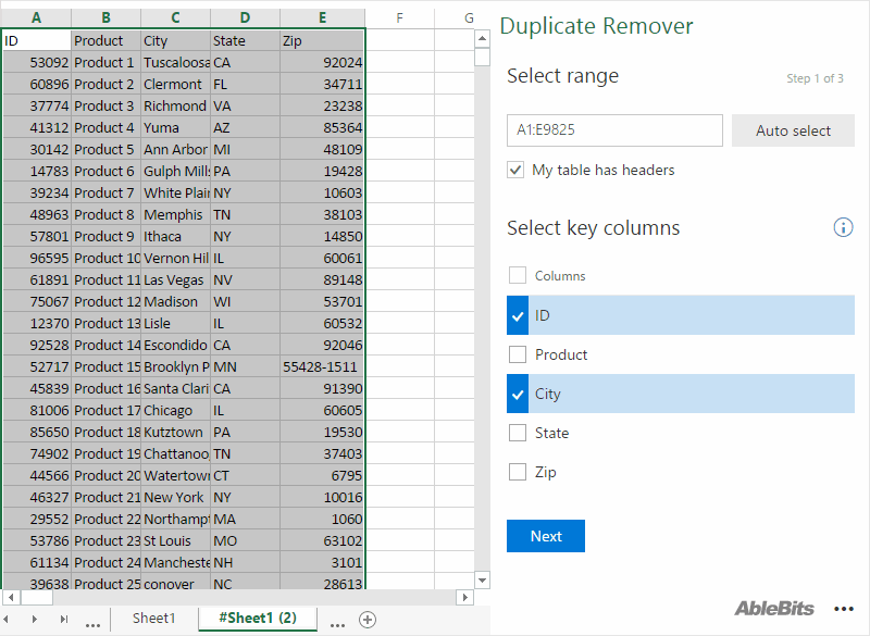 Select the table and key columns to find duplicates.
