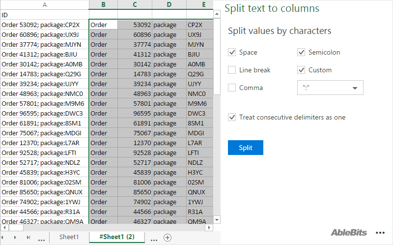 Split cells to columns by any characters.