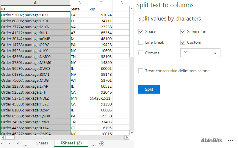 Select the column to split and the delimiters used.