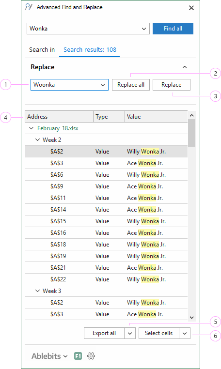  Search in Excel and replace, select, or export the found entries.