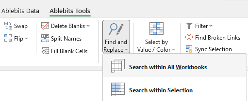 Choose to search within all workbooks or a selection.