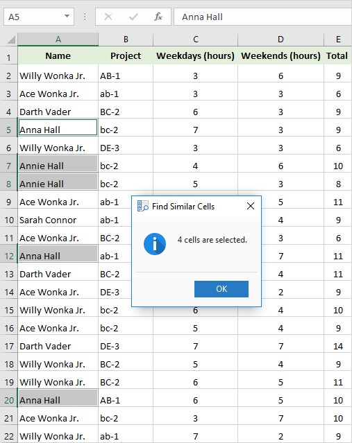 Find and select similar cells in Excel.