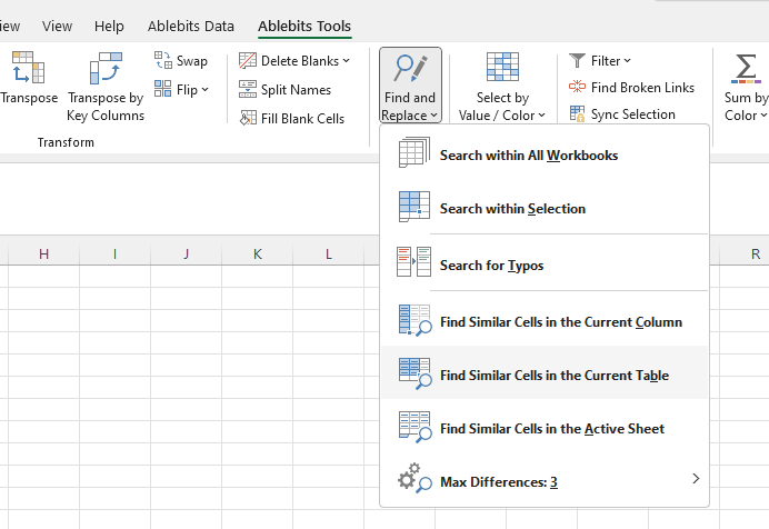 Find similar cells in the current column, the current table, or the active sheet.