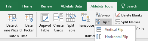Click Flip on the Ablebits Tools tab and choose the way to reverse the data. Click Flip on the Ablebits Tools tab and choose the way to reverse the data.
