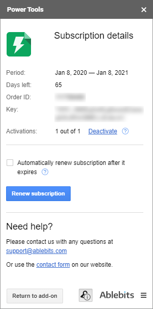 View your subscription details any time right from the add-on.