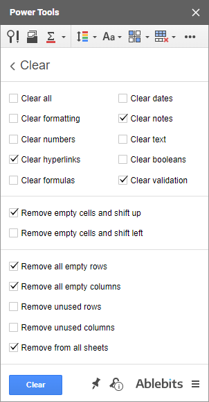 Clear various types of data from the selected range.